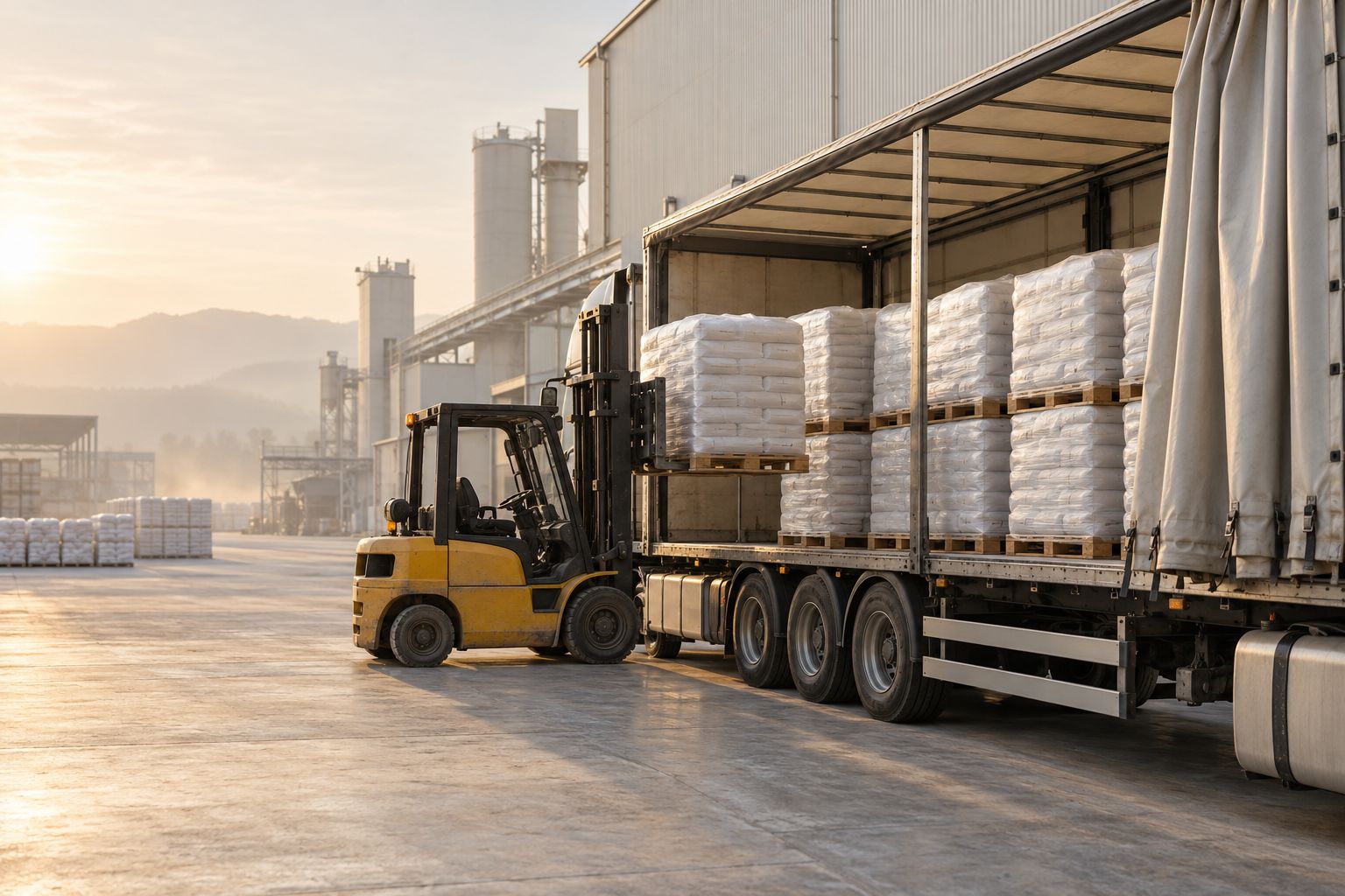 Curtain-sider truck being loaded with pallets of gypsum plaster bags at a plant in Türkiye